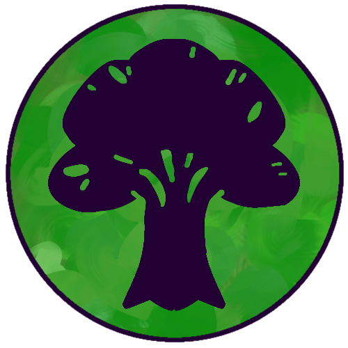 A green circle textured like foliage. In the center is a very dark purple icon of a tree.